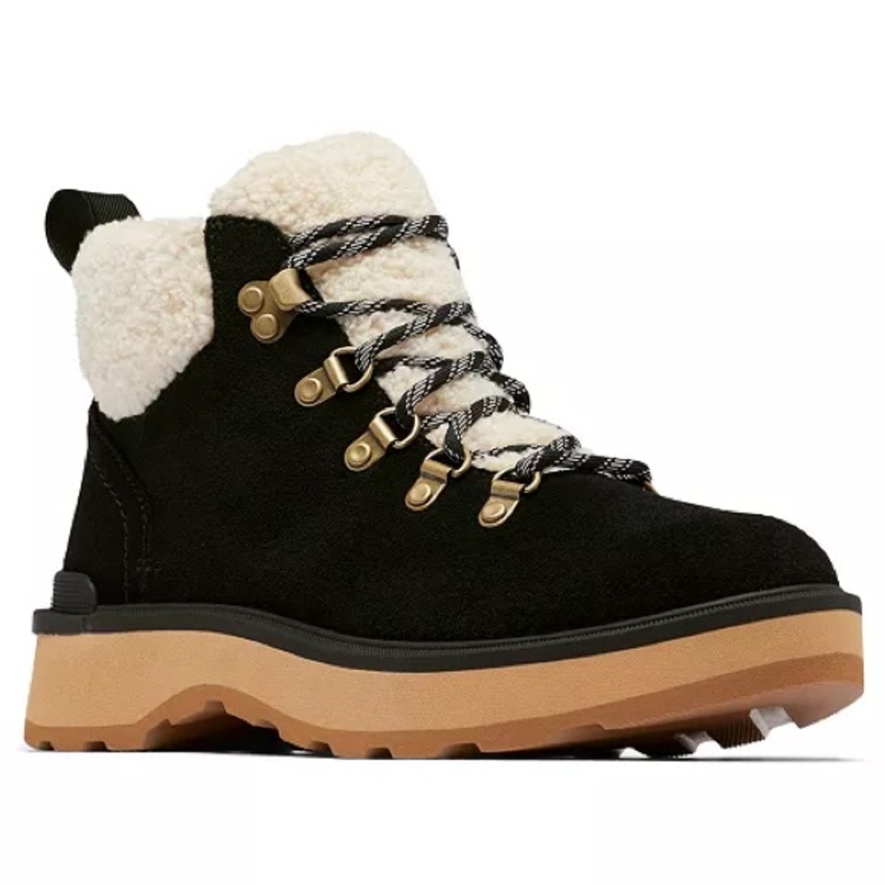 Sorel Black Suede Faux-Shearling Hiker Booties with Tan Lug Sole